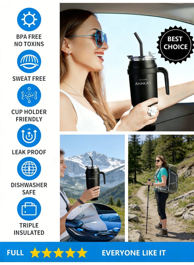 أهاكاك كوب معزول بتفريغ الهواء من الفولاذ المقاوم للصدأ سعة 50 أونصة، كوب عالي السعة مع غطاء وماصة، كوب مانع للانسكاب، مناسب للماء والشاي المثلج والقهوة والعصائر وغيرها - Image 4